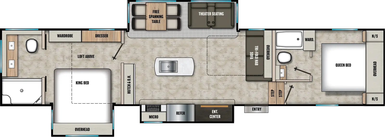 The Chaparral 381DBL floorplan has one entry and three slide outs. Exterior features include: fiberglass exterior and 24' awning. Interiors features include: loft, kitchen island, free-standing dinette option, front bedroom, two bedrooms, rear bathroom and two full bathrooms.